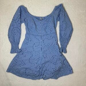 GUESS Dollie Eyelet Mini Dress Blue Corset Hook & Eye Puff Sleeve Coquette 6